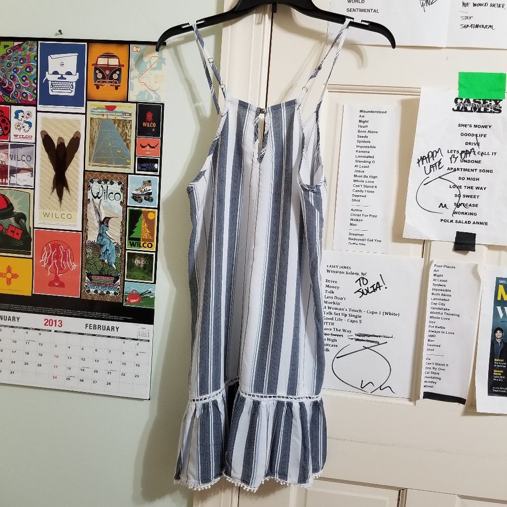 Ocean Drive dress Medium striped beach boho pom trim crochet inset sleeveless - Picture 2 of 10